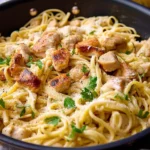 Creamy Garlic Parmesan Chicken Pasta garnished with herbs and cheese