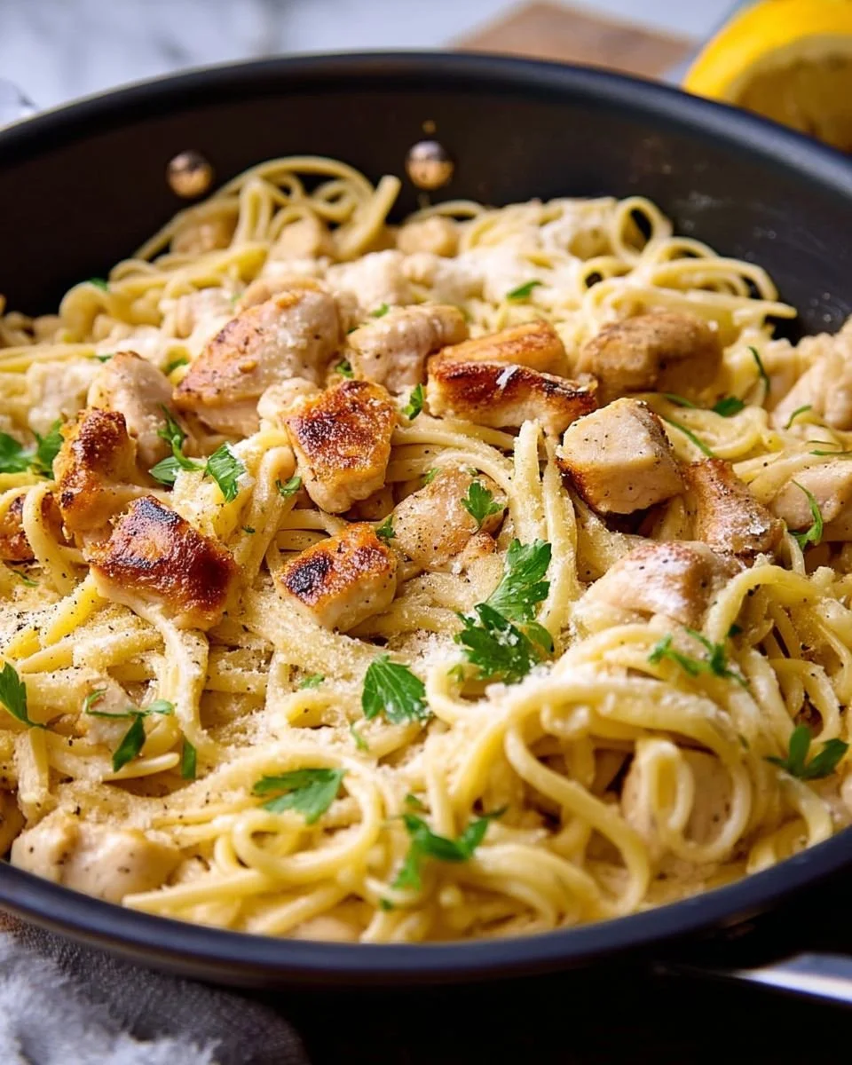 Creamy Garlic Parmesan Chicken Pasta garnished with herbs and cheese