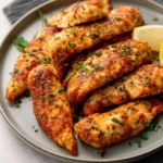 Crispy oven-baked chicken tenders on a plate with dipping sauce