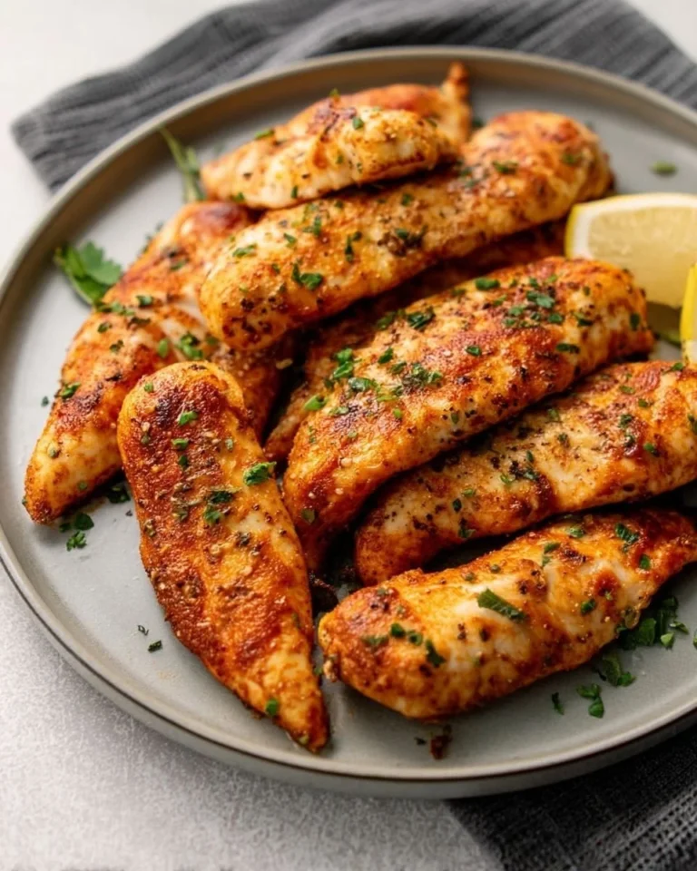 Crispy oven-baked chicken tenders on a plate with dipping sauce