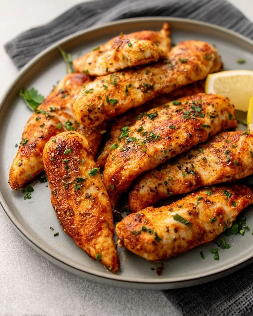 Crispy oven-baked chicken tenders on a plate with dipping sauce