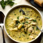 Bowl of delicious Roasted Poblano Soup garnished with fresh herbs
