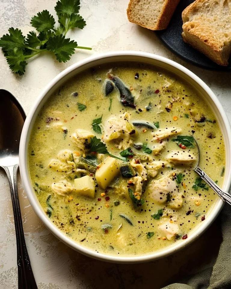 Bowl of delicious Roasted Poblano Soup garnished with fresh herbs