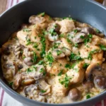 Stovetop creamy chicken and rice dish garnished with parsley