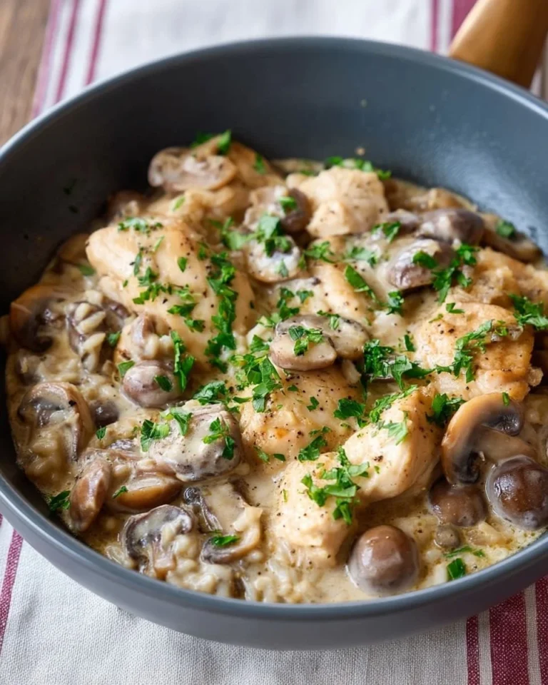 Stovetop creamy chicken and rice dish garnished with parsley