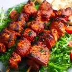 Grilled tandoori chicken skewers seasoned with spices and served hot.