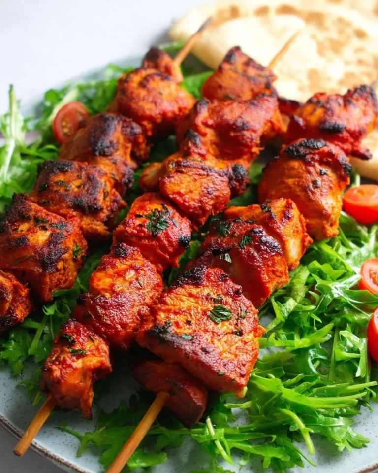 Grilled tandoori chicken skewers seasoned with spices and served hot.