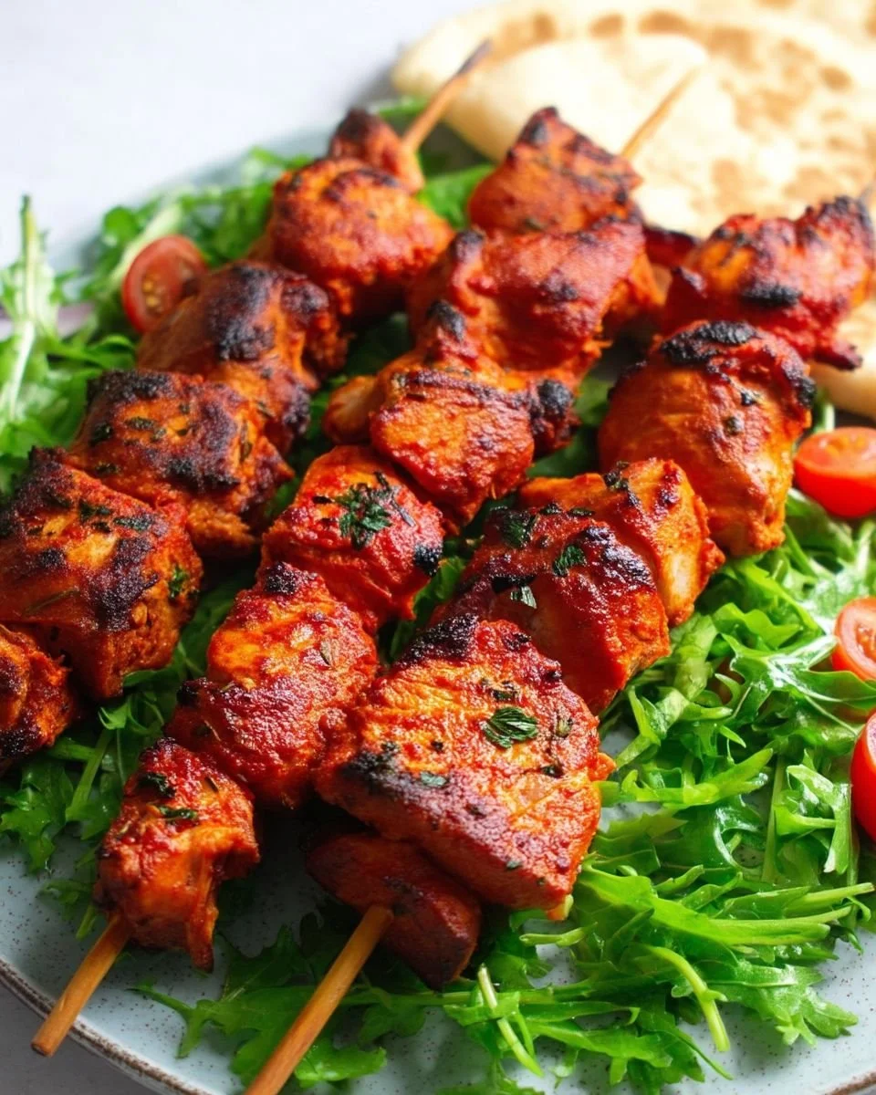 Grilled tandoori chicken skewers seasoned with spices and served hot.