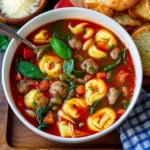 Bowl of tortellini soup with Italian sausage and spinach