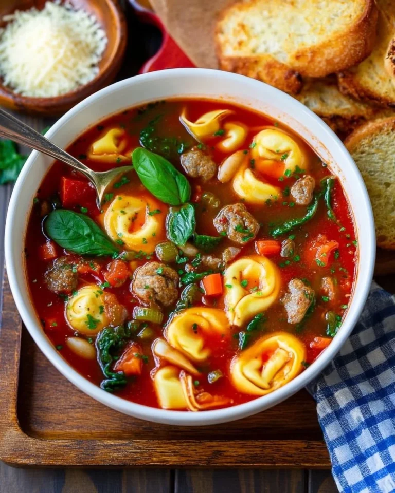 Bowl of tortellini soup with Italian sausage and spinach