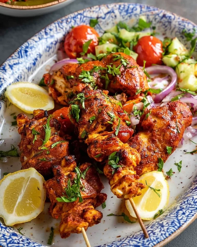 Delicious Turkey Chicken Kebabs served on a platter with fresh vegetables.