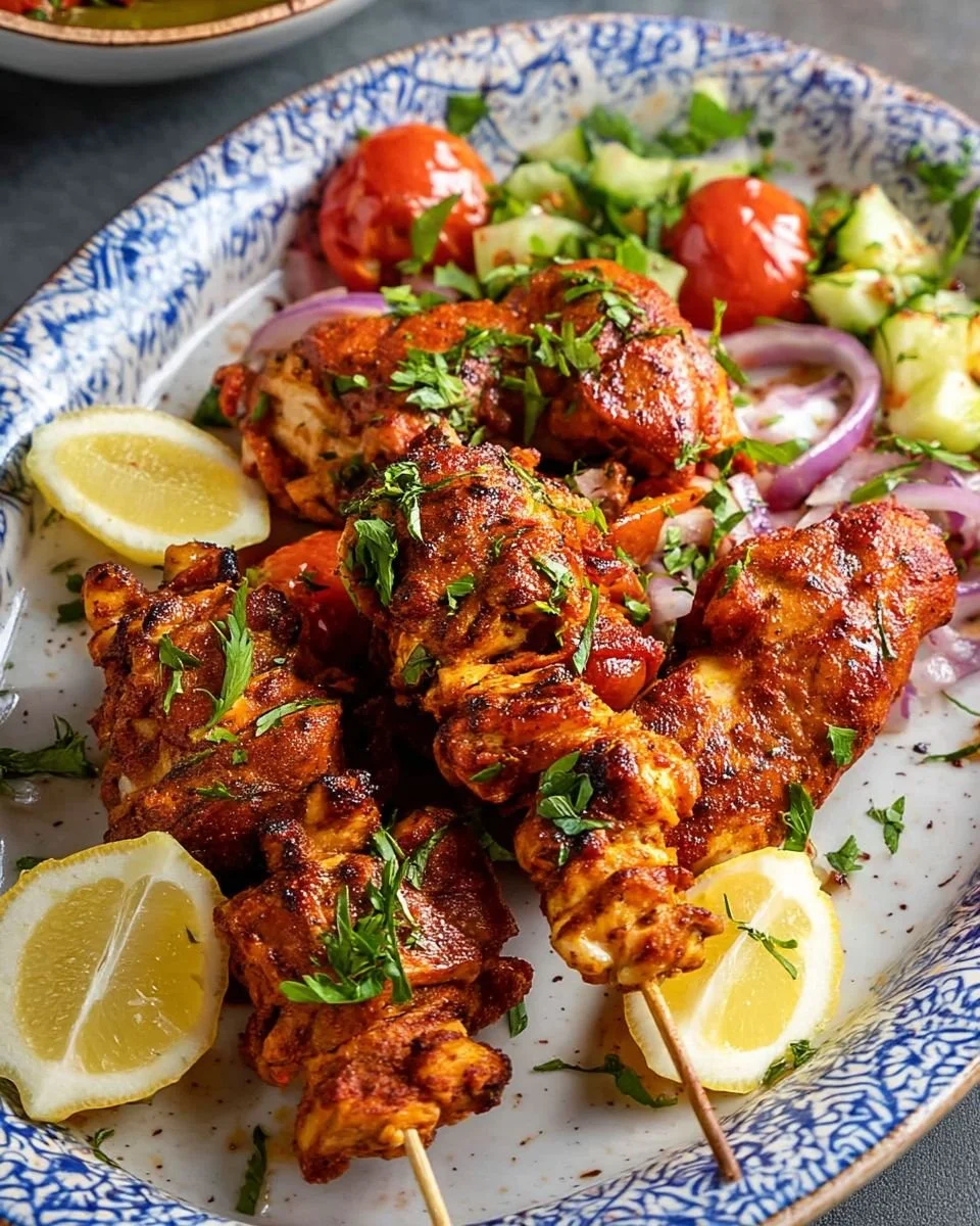 Delicious Turkey Chicken Kebabs served on a platter with fresh vegetables.