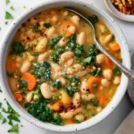 Bowl of Tuscan white bean soup garnished with herbs and served with crusty bread