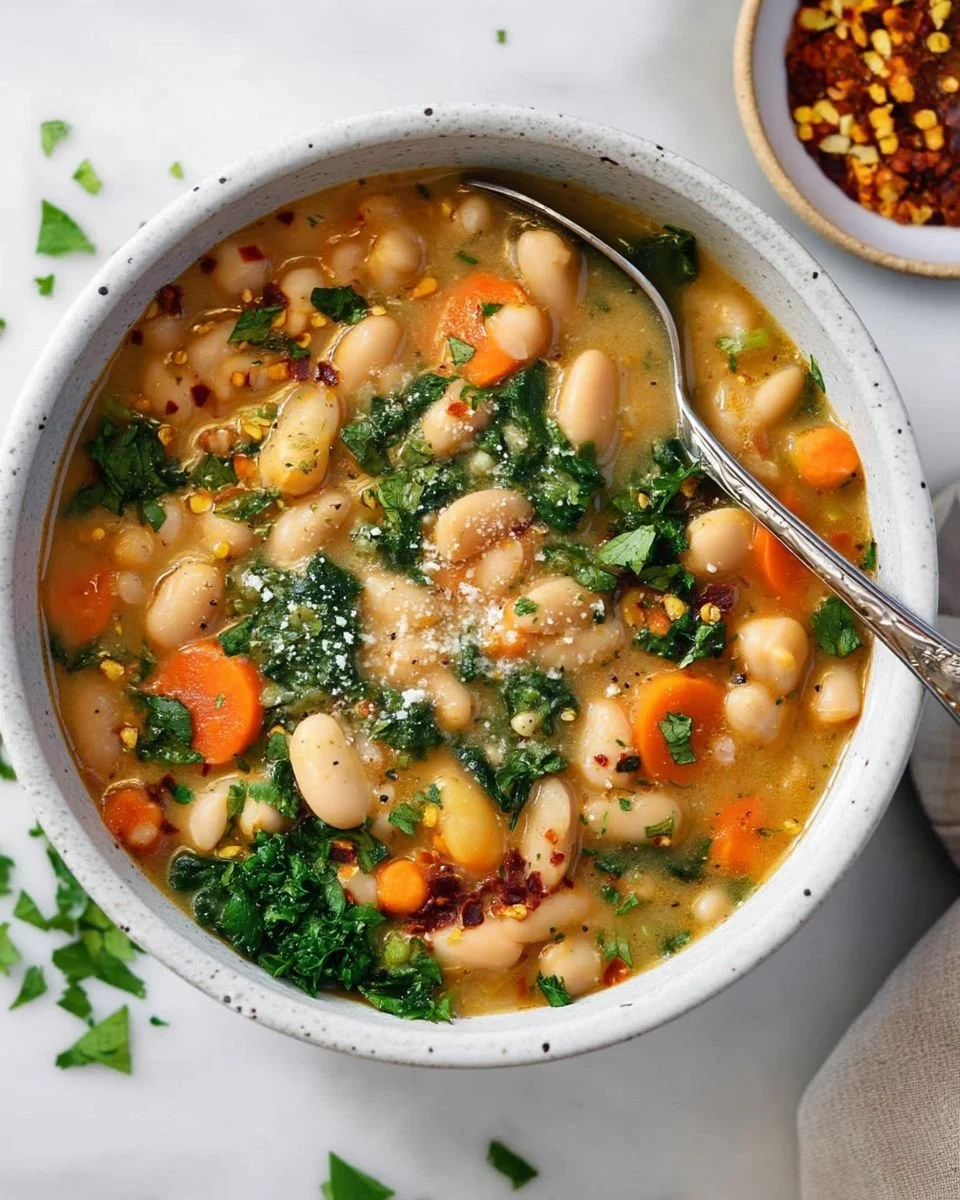 Bowl of Tuscan white bean soup garnished with herbs and served with crusty bread