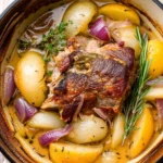Tender apple cider braised pork shoulder served with vegetables