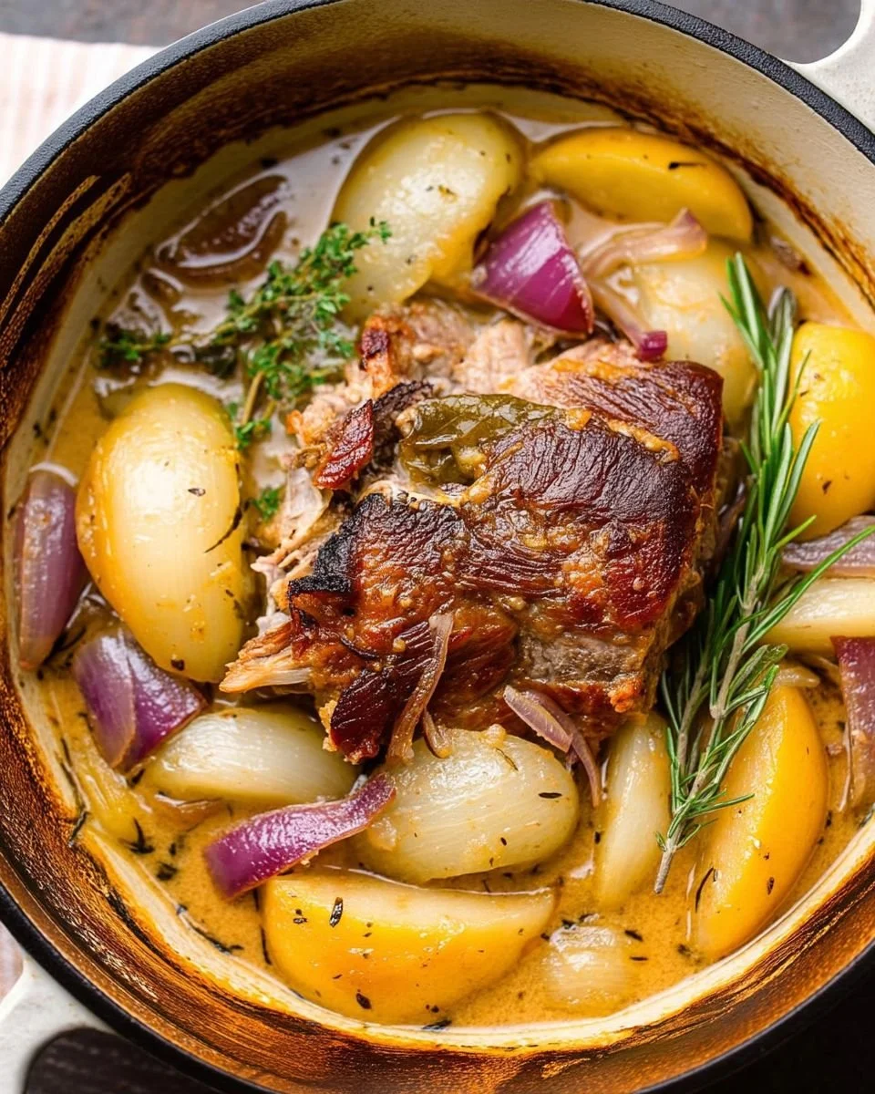 Tender apple cider braised pork shoulder served with vegetables