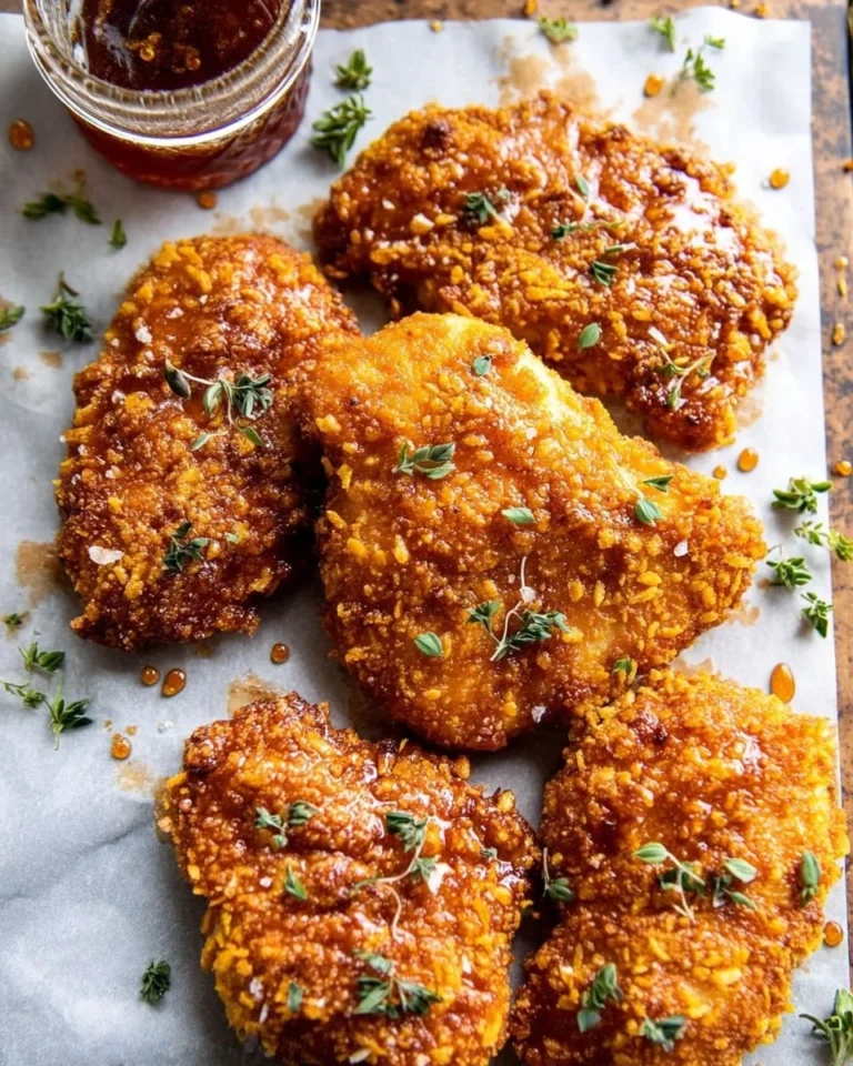 Baked Crunchy Hot Honey Chicken served on a plate with garnishes