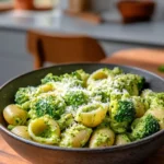 Bowl of creamy Broccoli Pasta garnished with parmesan cheese and fresh herbs