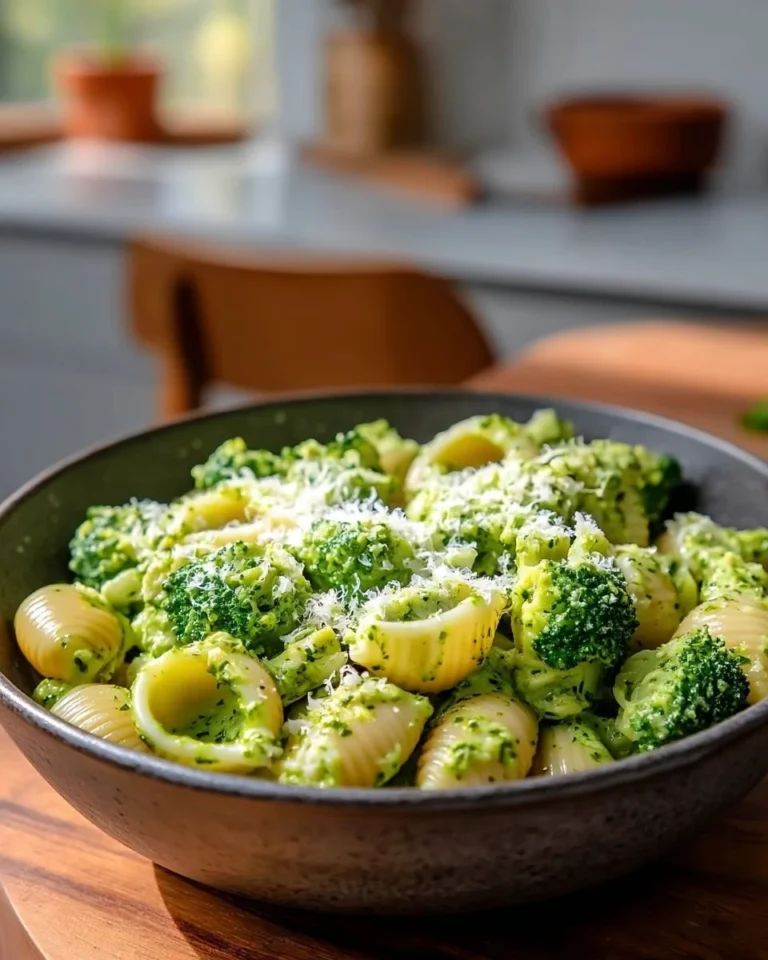 Bowl of creamy Broccoli Pasta garnished with parmesan cheese and fresh herbs