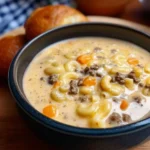 Bowl of creamy Cheeseburger Macaroni Soup garnished with herbs