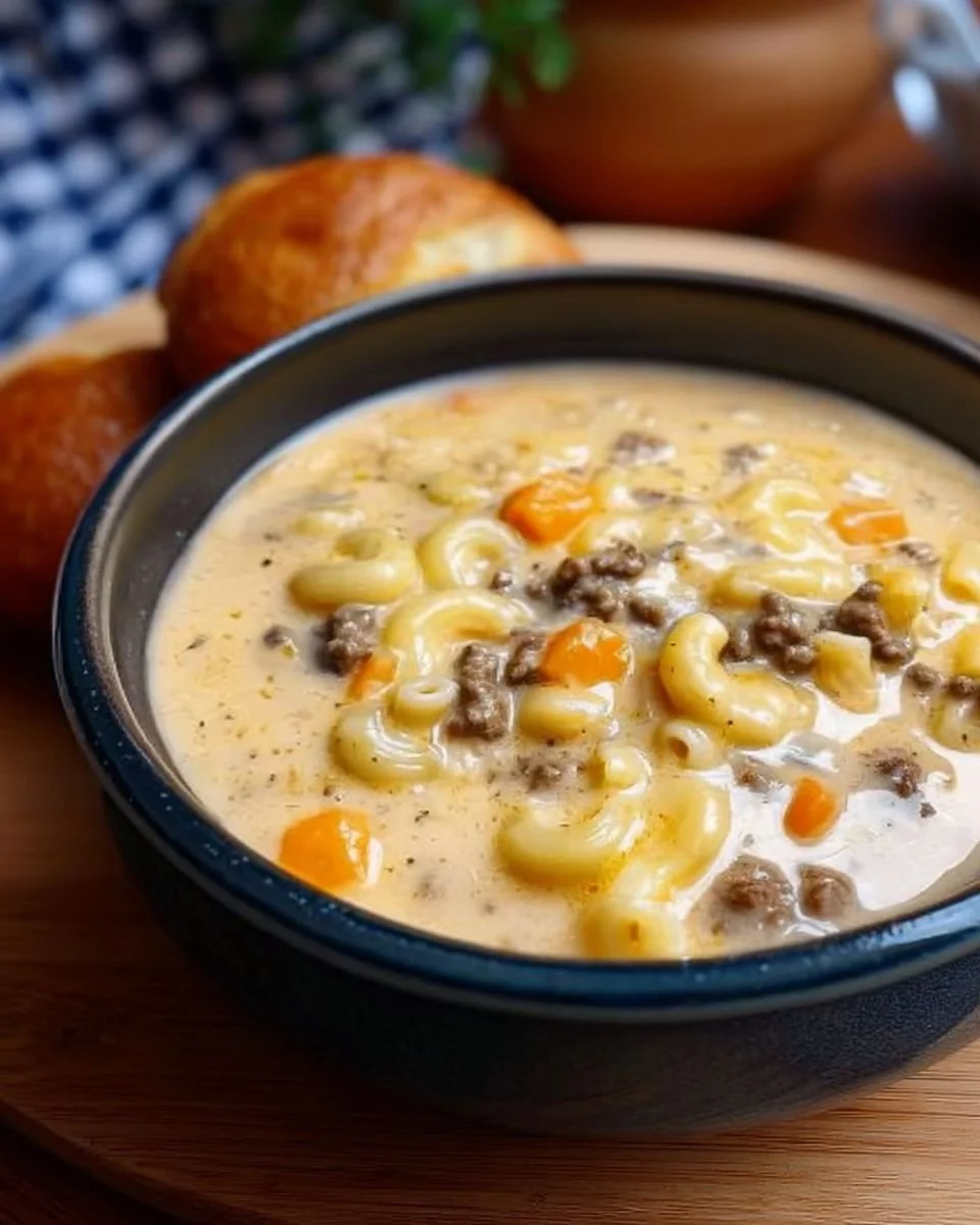 Bowl of creamy Cheeseburger Macaroni Soup garnished with herbs