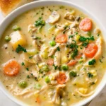 Delicious Chicken Pot Pie Soup garnished with herbs in a bowl