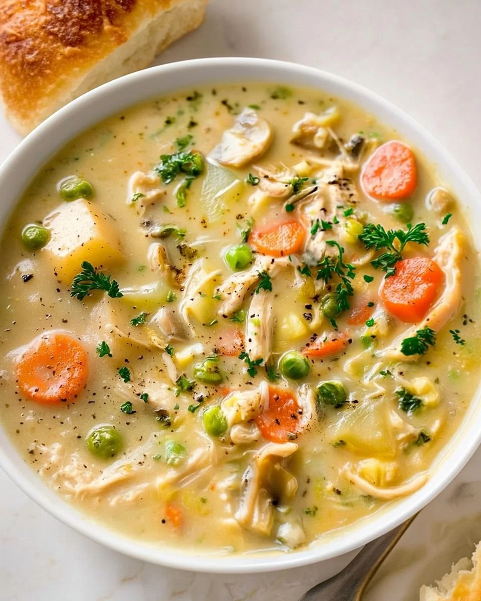 Delicious Chicken Pot Pie Soup garnished with herbs in a bowl