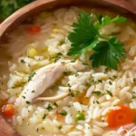 Delicious bowl of Chicken Rice Soup with herbs and vegetables