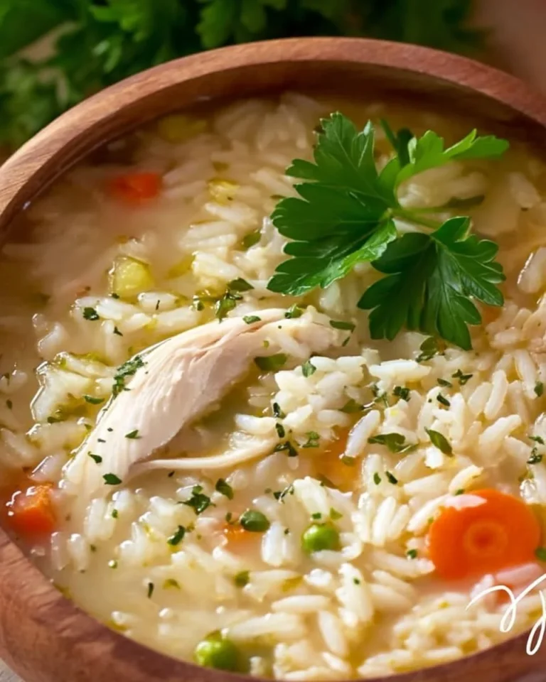 Delicious bowl of Chicken Rice Soup with herbs and vegetables