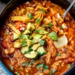 Bowl of flavorful chicken tortilla soup topped with tortilla strips and avocado