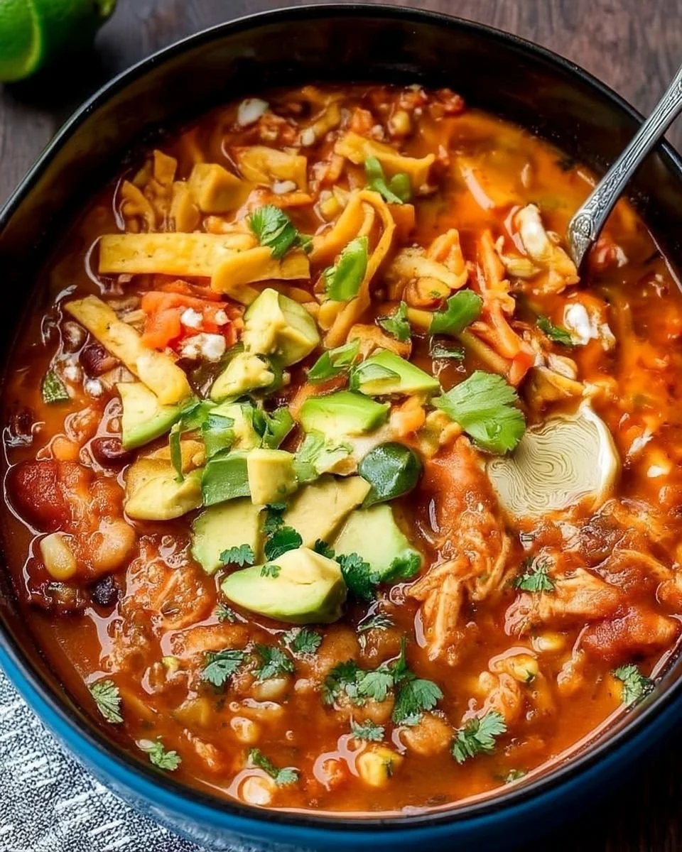 Bowl of flavorful chicken tortilla soup topped with tortilla strips and avocado