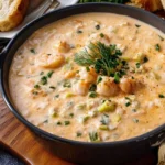 Delicious crab and shrimp seafood bisque in a bowl with herbs and crusty bread