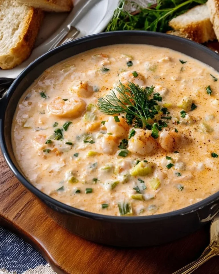 Delicious crab and shrimp seafood bisque in a bowl with herbs and crusty bread