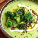 Bowl of creamy broccoli soup garnished with fresh herbs