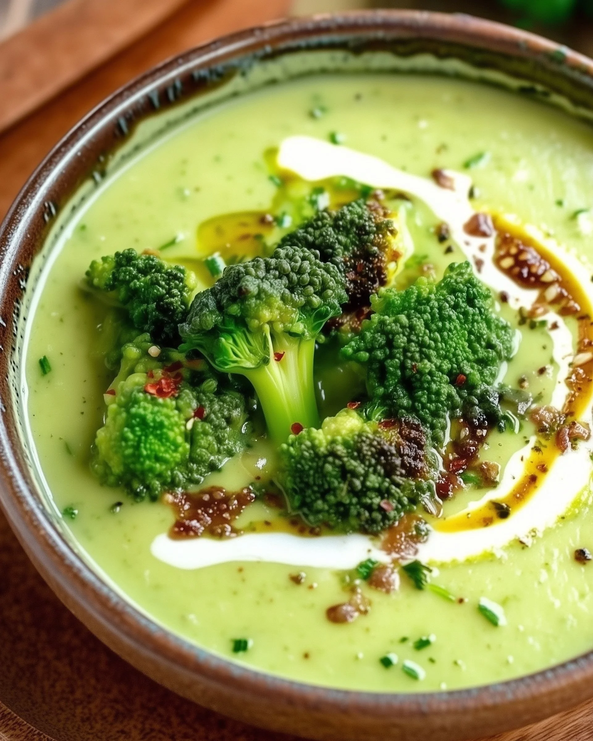 Bowl of creamy broccoli soup garnished with fresh herbs