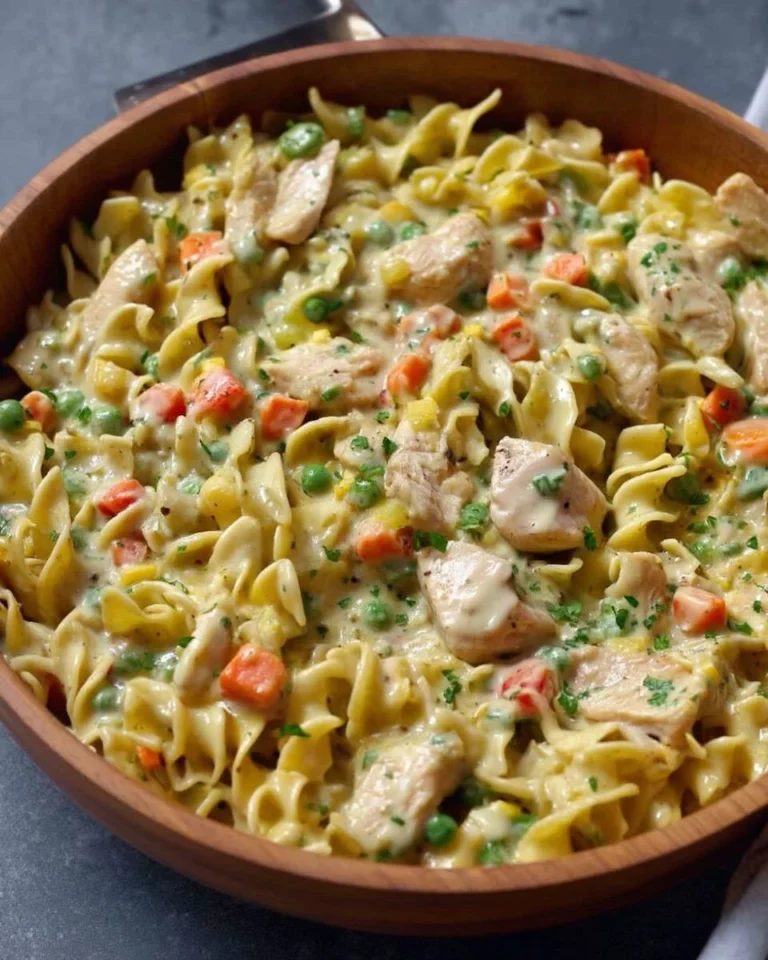 Creamy chicken and noodles served in a bowl with herbs and spices