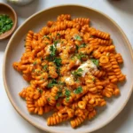 Creamy gochujang pasta dish with vegetables and herbs