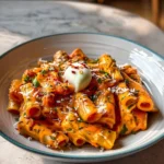 Bowl of creamy tomato garlic pasta garnished with fresh basil and Parmesan cheese.