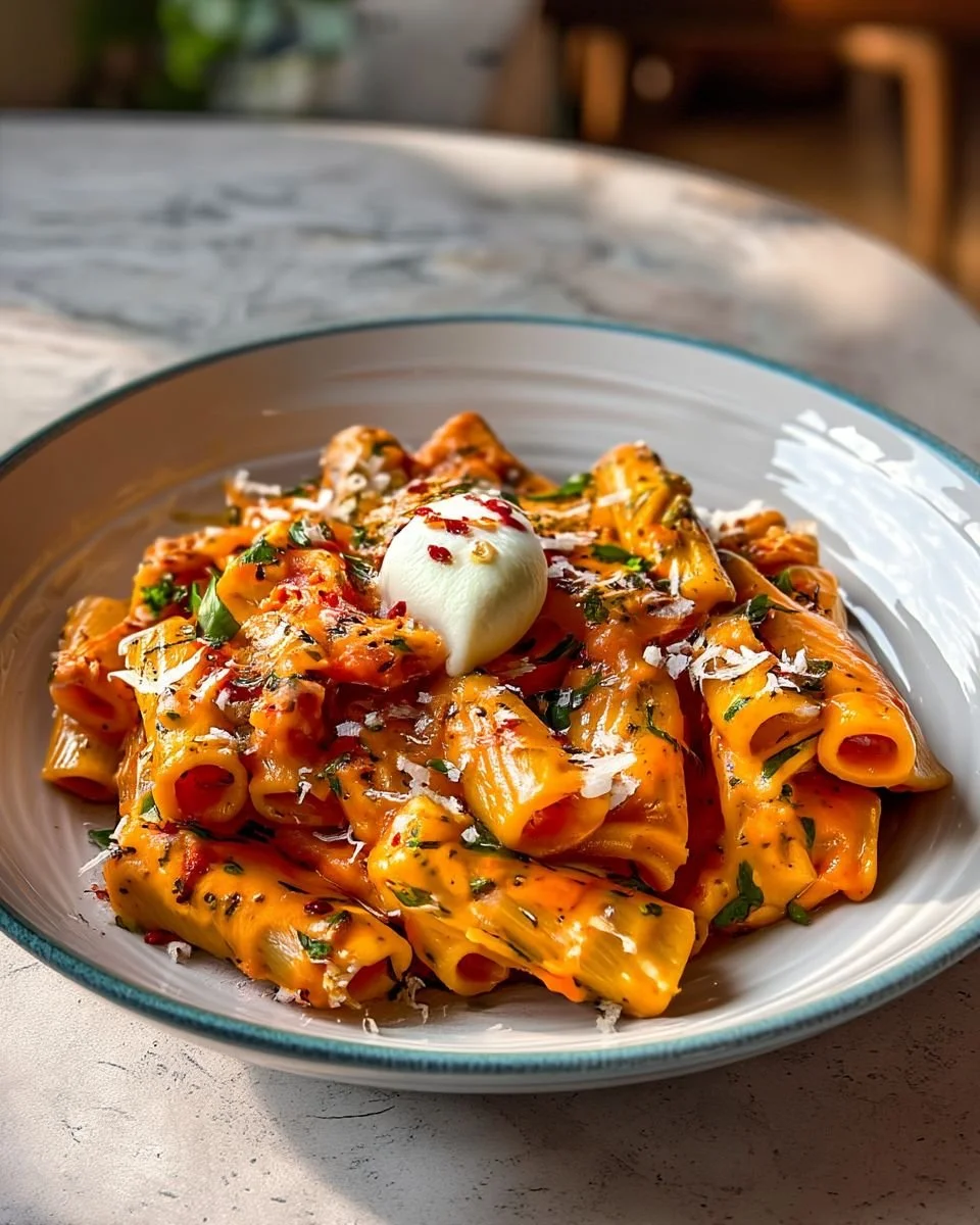 Bowl of creamy tomato garlic pasta garnished with fresh basil and Parmesan cheese.