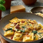 Creamy Tuscan Ravioli served with fresh herbs and parmesan cheese