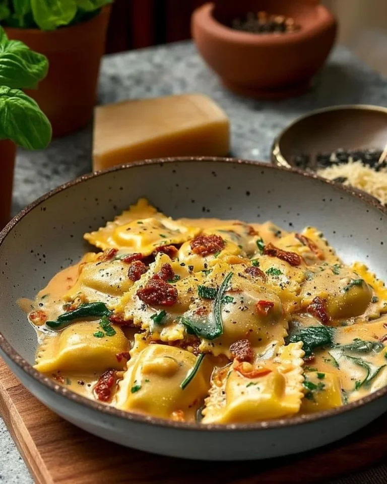 Creamy Tuscan Ravioli served with fresh herbs and parmesan cheese