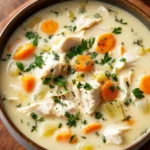 Bowl of healthy Cream of Chicken Soup garnished with herbs