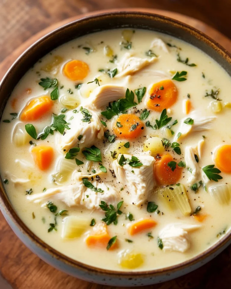 Bowl of healthy Cream of Chicken Soup garnished with herbs