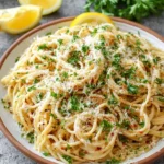 Plate of Lemon Parmesan Linguine garnished with parsley and lemon zest