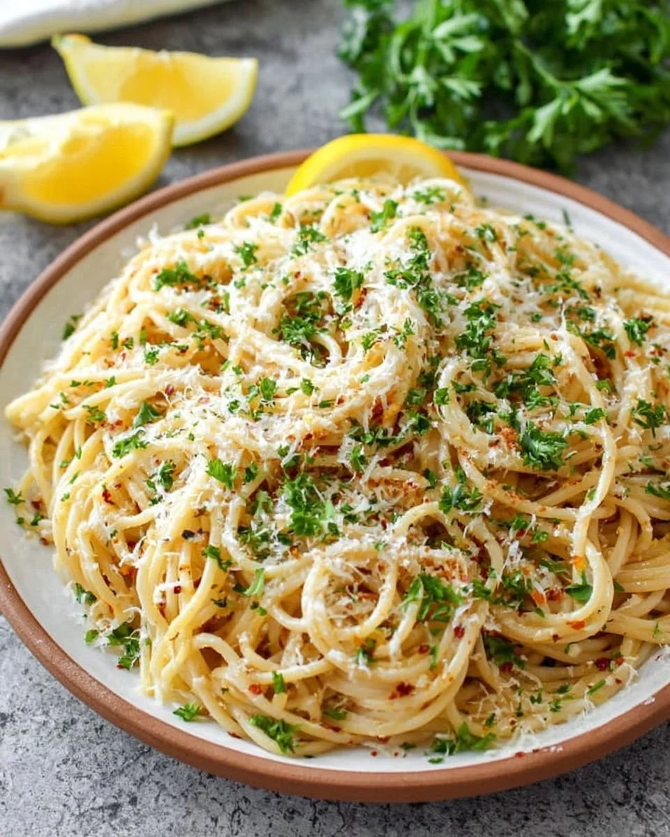 Plate of Lemon Parmesan Linguine garnished with parsley and lemon zest