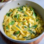 Parmesan Butter Noodles with Spinach garnished with fresh herbs