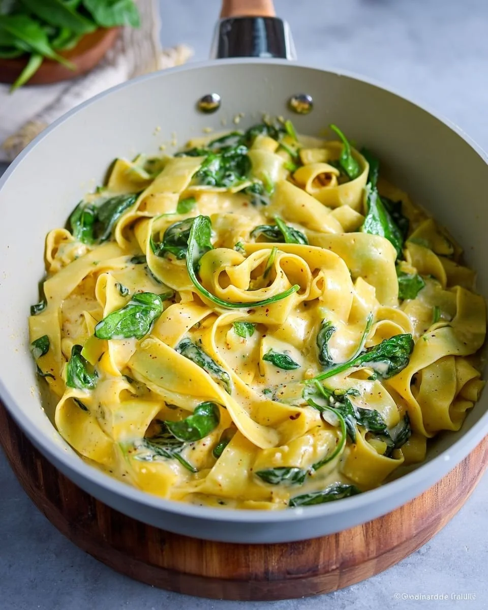 Parmesan Butter Noodles with Spinach garnished with fresh herbs