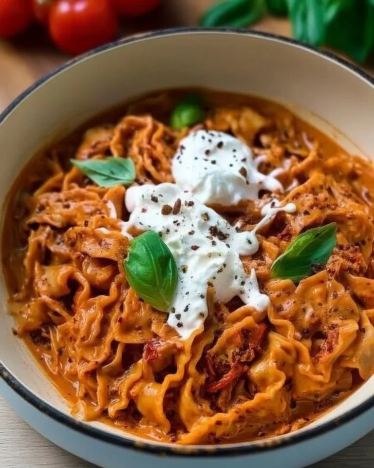 Plate of delicious Sun-Dried Tomato Pasta topped with fresh herbs