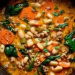 A bowl of Tuscan white bean soup garnished with herbs and served with crusty bread