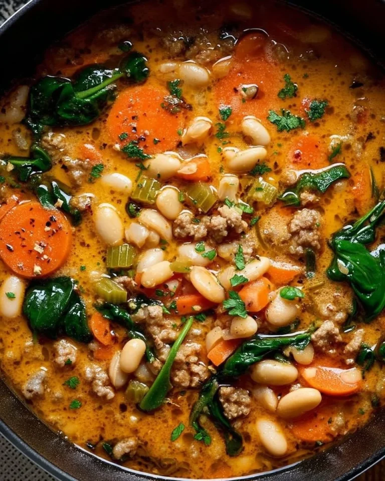 A bowl of Tuscan white bean soup garnished with herbs and served with crusty bread
